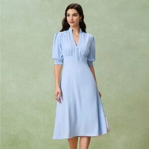 RIHOAS Blue Puffed Sleeve Pleated Midi Dress L